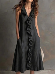 Robe à col en V sans manches en coton et en lin pour femmes avec une grande jupe Hibiscus Edge
