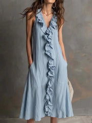 Robe à col en V sans manches en coton et en lin pour femmes avec une grande jupe Hibiscus Edge