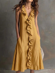 Robe à col en V sans manches en coton et en lin pour femmes avec une grande jupe Hibiscus Edge