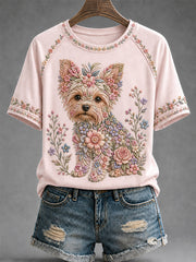 T-shirt décontracté pour femme à imprimé floral et motifs canins