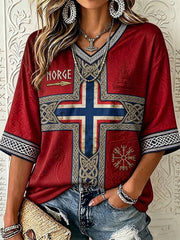 Femmes Vintage Norvège Viking inspiré celtique Imprimer mi-longueur manches col en V T-shirt