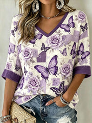 T-shirt à manches courtes décontracté en lin imprimé à motif de fleurs et de papillons pour femmes