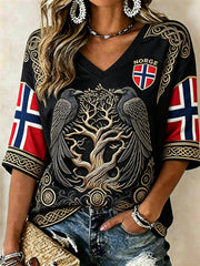 Femmes Norvège Viking Ravens Arbre de Vie Neud Celtique Drapeau Imprimer T-shirt à manches mi-longues à col en V
