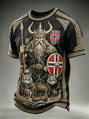 T-shirt à manches courtes pour hommes Norvège Odin Wolves & Viking Ship Celtic Knot Flag Print
