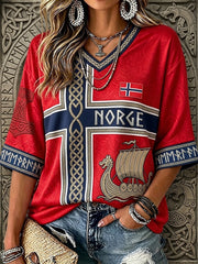 Femmes de la Norvège Viking inspiré Art Celtique Imprimer mi-longueur manches col V T-shirt