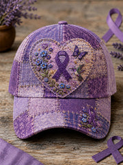 Chapeau de soutien à la sensibilisation à la maladie d’Alzheimer, unisexe, en patchwork, aux motifs floraux violets et colibri