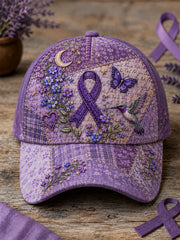Chapeau de soutien de sensibilisation à la maladie d'Alzheimer unisexe patchwork violet floral et colibri