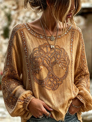 Chemise vintage pour femme en coton-lin, motif arbre de vie viking et nœud celtique