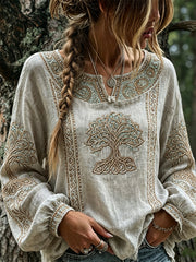 Chemise en coton et en lin à imprimé noeud celtique Vintage Viking Tree of Life pour femme