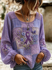 Haut de soutien de sensibilisation à la maladie d'Alzheimer à imprimé floral et papillon violet patchwork pour femmes