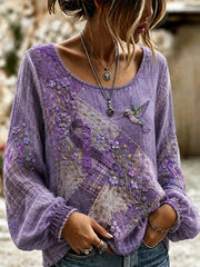 Haut de soutien à la sensibilisation à la maladie d’Alzheimer pour femmes, en patchwork, imprimé floral violet et colibris