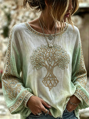 Chemise pour femme vintage viking en coton-lin, motif arbre de vie et nœud celtique dégradé