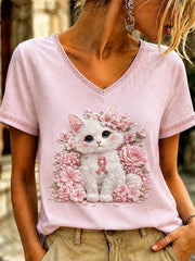 T-shirt à col en V imprimé art rose pour femmes
