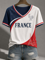 T-shirt décontracté à col en V pour femme, imprimé France