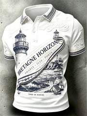 Polo décontracté blanc pour homme, de style breton, orné d’un imprimé culturel
