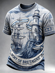 T-shirt décontracté pour homme à imprimé phare et voilier de Bretagne, France