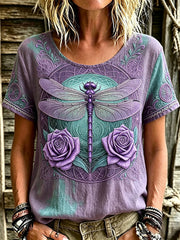 T-shirt Femme Violet Imprimé Rose & Libellule En Lin À Manches Courtes