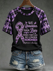 T-shirt décontracté à manches courtes imprimé sur le thème de la sensibilisation à la maladie d’Alzheimer chez les femmes