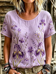 T-shirt à manches courtes en lin imprimé art iris violet chic pour femme