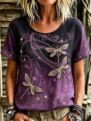 T-shirt à manches courtes en lin dégradé violet imprimé art libellule vintage pour femme