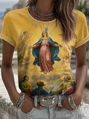 T-shirt imprimé religieux à l’effigie de la Vierge Marie pour femmes