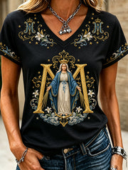 T-shirt imprimé religieux à l’effigie de la Vierge Marie pour femmes