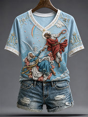 T-shirt imprimé religieux à l’effigie de la Vierge Marie pour femmes
