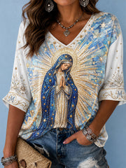 T-shirt imprimé religieux à l’effigie de la Vierge Marie pour femmes