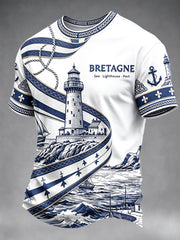 T-shirt décontracté blanc pour homme, imprimé phare, style breton