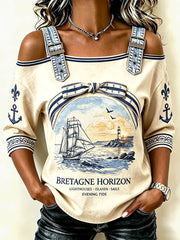 T-shirt estival décontracté et tendance à bretelles spaghetti pour femme, motif rétro maritime avec phare de Bretagne