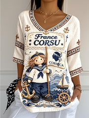 T-shirt femme en coton-lin, col en V, imprimé patchwork mignon, style corse français