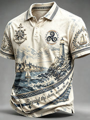 Polo décontracté pour homme, style vintage, blanc cassé, motif nautique représentant un phare de Bretagne, France