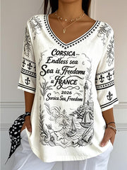 T-shirt femme blanc en coton-lin léger, à col V, imprimé corse français