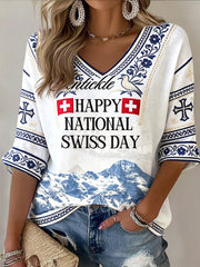 T-shirt décontracté à col en V à imprimé de montagnes enneigées de la fête nationale du drapeau suisse pour femmes