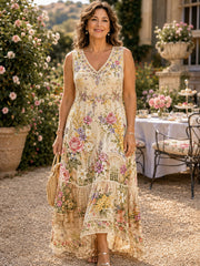 Robe femme à manches courtes et col en V, motif floral aquarelle française