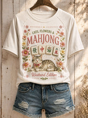 T-shirt amusant pour femmes avec motif de mahjong et chat