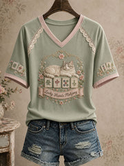 T-shirt amusant pour femmes avec motif de mahjong et chat