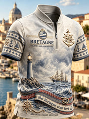 T-shirt vintage à manches courtes et fermeture éclair pour homme, motif port breton français