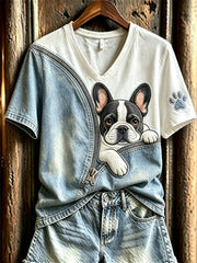 T-shirt manches courtes à imprimé denim Peeking Frenchbulldog Unzipper pour femme