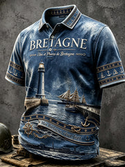 Polo décontracté pour homme, bleu marine, imprimé port breton français