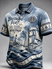 Polo décontracté vintage pour homme, imprimé port breton français bleu
