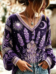 T-shirt femme col en V élégant et frais, en coton-lin, à imprimé festival français lavande violet profond