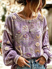 T-shirt rétro femme en coton-lin, motif festif violet et lavande, tendance été fraîche