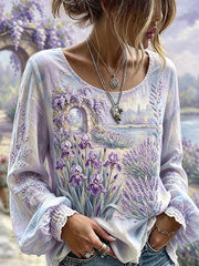 Chemise femme en coton-lin à imprimé floral violet clair Calssy