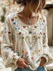 Chemise Femme Calssy Floral Art Imprimé Col Rond Coton-Lin