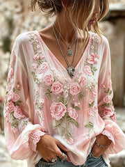 Chemise femme élégante en coton-lin, imprimé floral dégradé, col en V