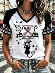 Femmes Français Bretagne Sensibilisation au cancer du sein Chat mignon Imprimer T-shirt décontracté col V