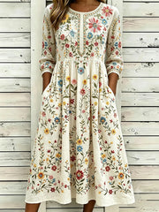 Robe maxi en lin confortable à imprimé floral, classique et vintage pour femme