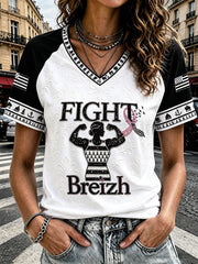 Femmes Français Bretagne Cancer du sein Patchwork Imprimer T-shirt décontracté à col en V