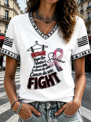 T-shirt à col en V décontracté blanc à imprimé cancer du sein français pour femmes